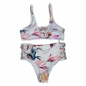 TiniBikini XL White Floral Caged 2 Piece Ribbed Bikini Women's Swimsuit NEW